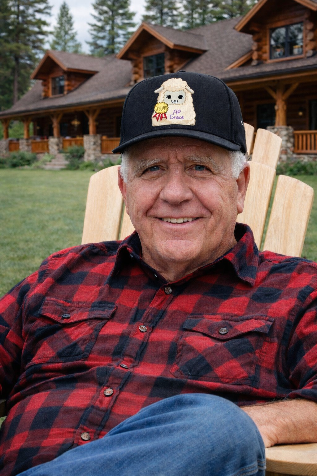 Dr. Larry G. Tolbert smiling in an Adirondack chair, wearing an A.P. Grace cap
